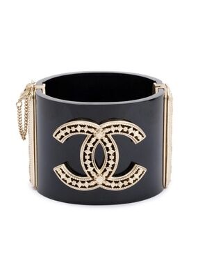 CHANEL Gold Plated Black Resin CC Hinged Bangle